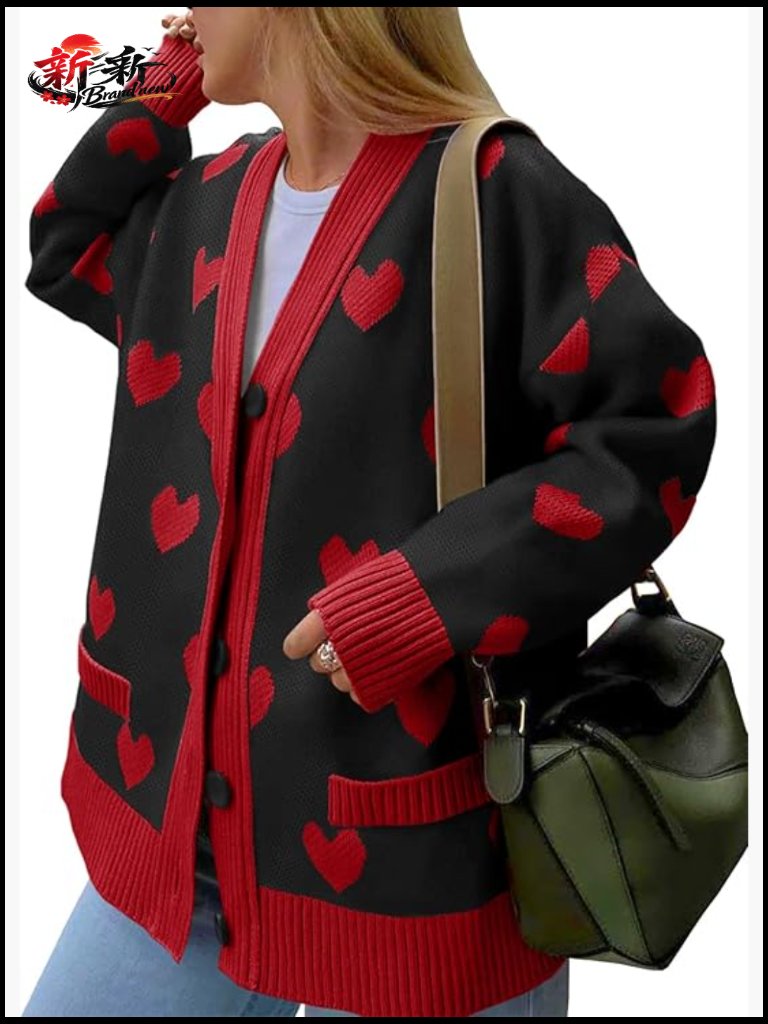 Oversized Heart Cardigan Color Block V Neck Button Long Sleeve Chunky Knit